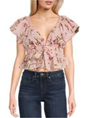 evolutionary Floral Tie-Front Ruffle Blouse - Pink